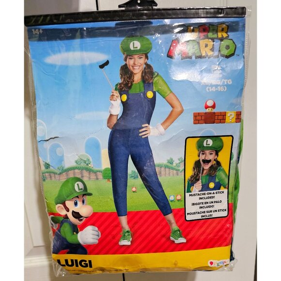 Luigi Girls Costume XL Mario Nintendo Halloween with Mustache Stick Hat Gloves - Picture 2 of 15